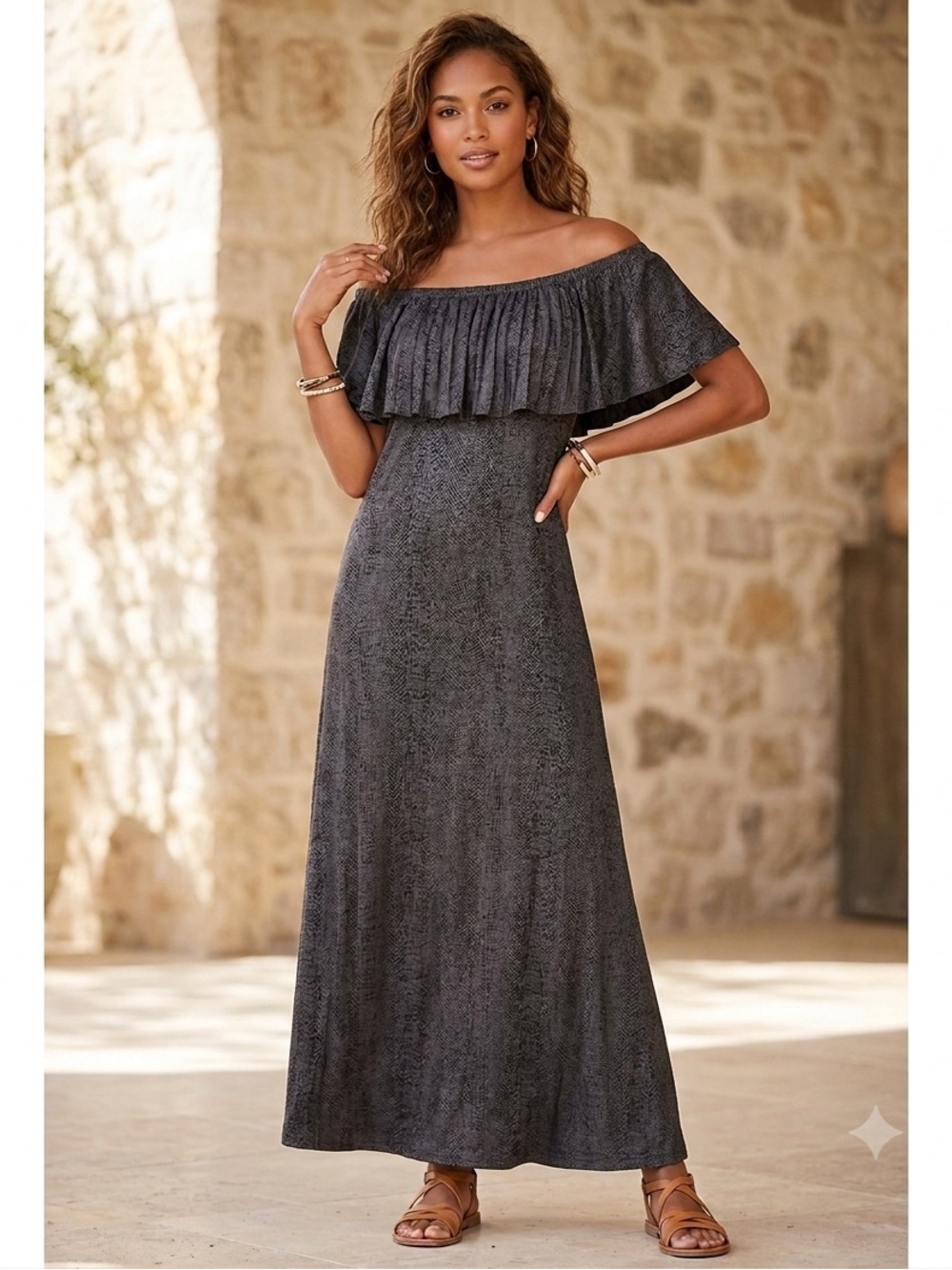 Soft Surroundings Sz L Maxi Dress Off Shoulder Ruffle Neck Charcoal Space Dye